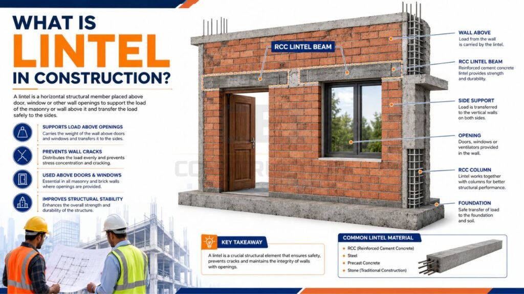 RCC lintel beam in construction showing its position above doors and windows to support wall loads and improve structural stability