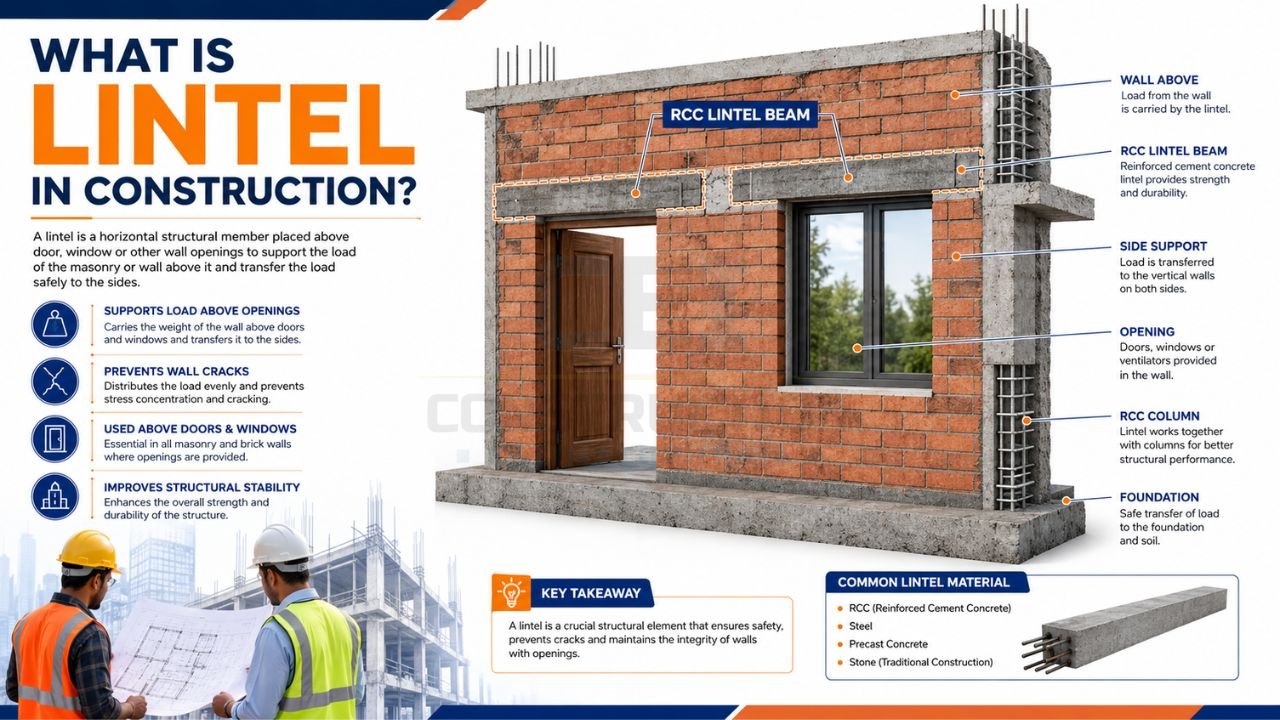 RCC lintel beam in construction showing its position above doors and windows to support wall loads and improve structural stability