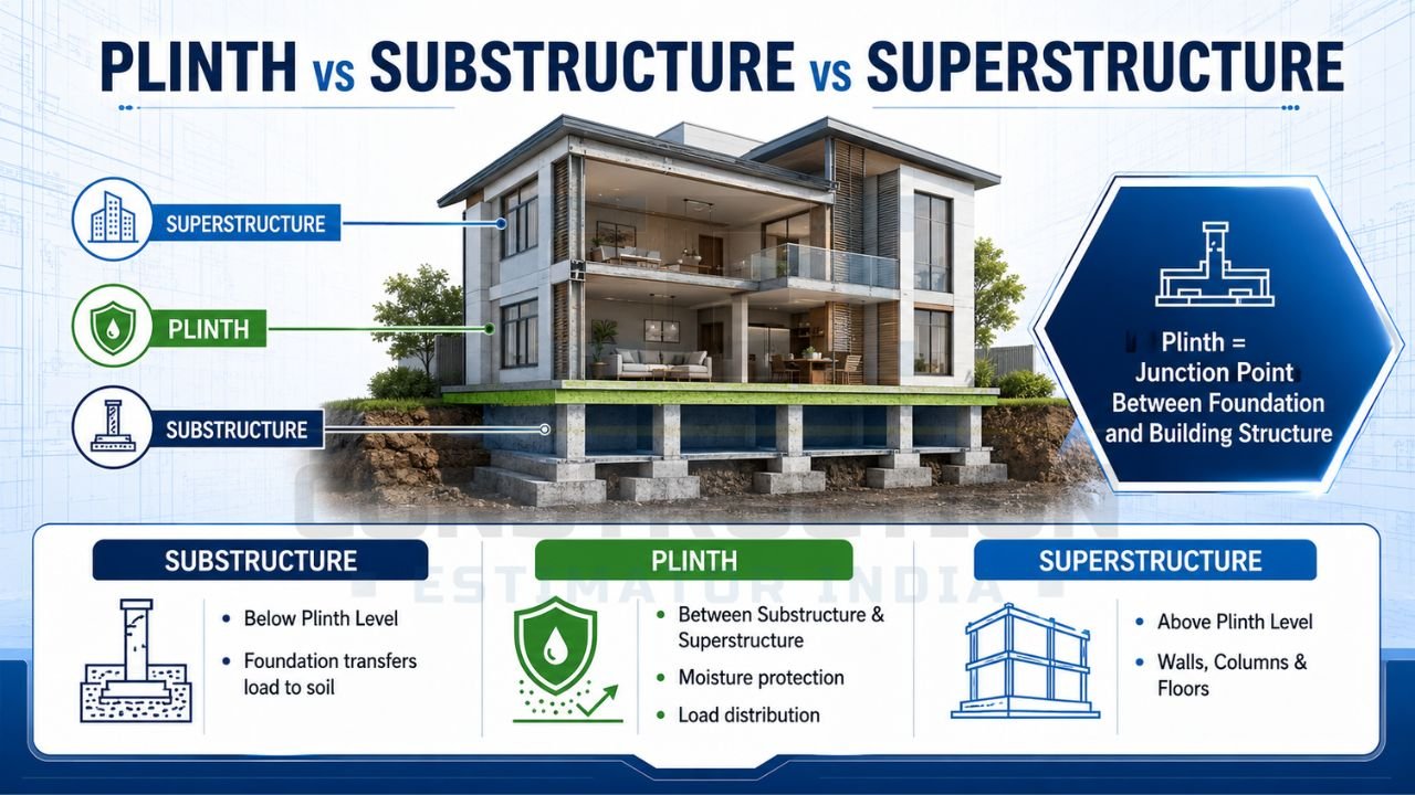 Infographic explaining the differences between plinth, substructure, and superstructure in building construction and their respective functions.