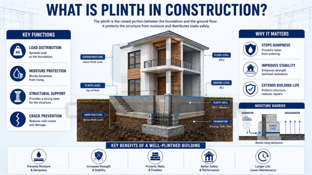 Educational infographic explaining what a plinth is in construction, including its location, functions, benefits, moisture protection role, and structural importance.