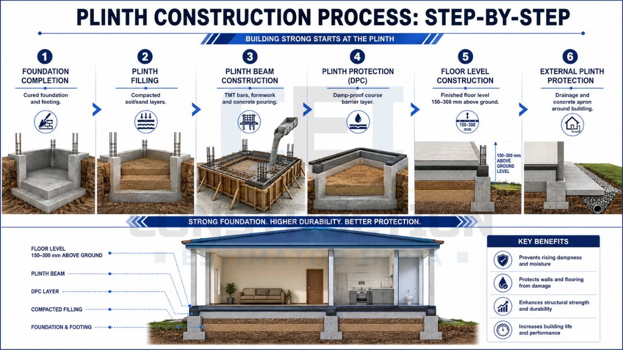 Step-by-step infographic showing the plinth construction process from foundation completion and filling to plinth beam construction, damp-proofing, floor level construction, and external protection.