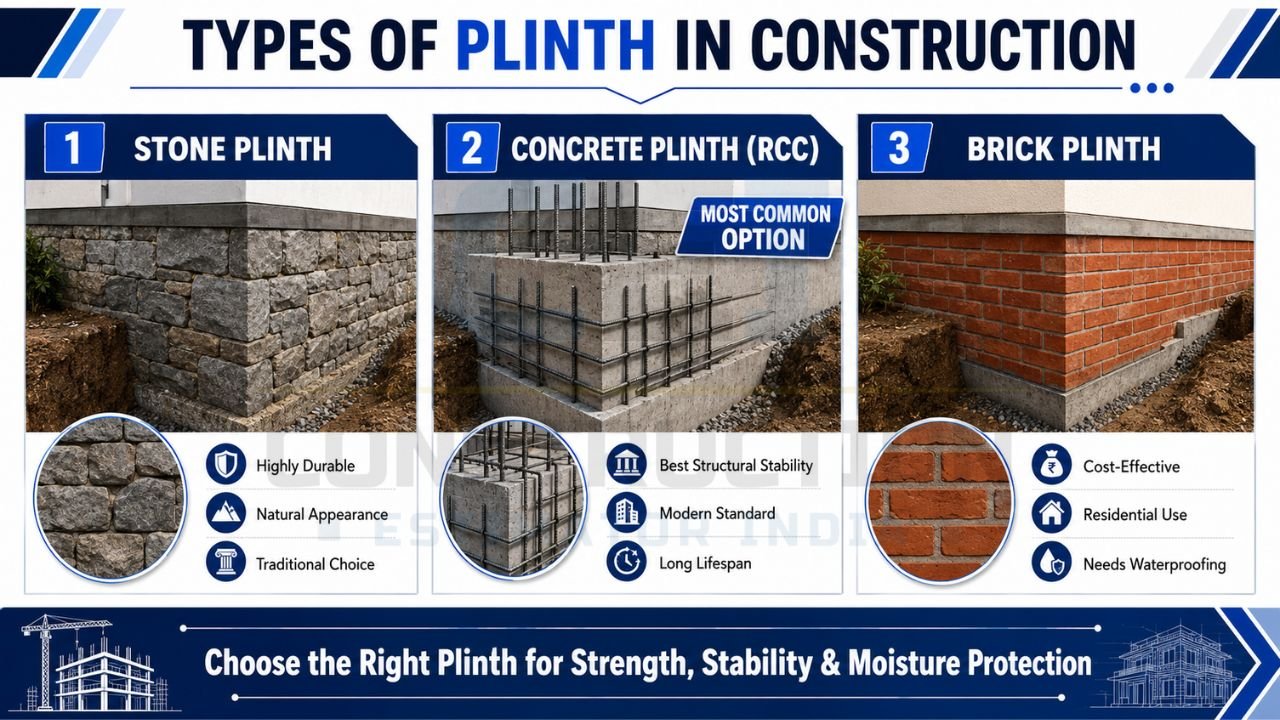 Infographic comparing different types of plinths in construction, including stone plinth, RCC concrete plinth, and brick plinth, along with their advantages and applications.
