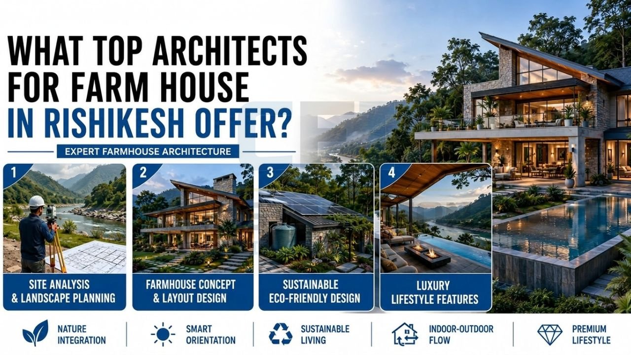 Farmhouse architectural services including site analysis, landscape planning, concept design, sustainable architecture, and luxury lifestyle features.