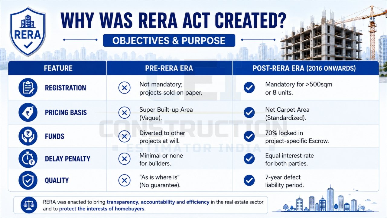 Pre-RERA vs post-RERA comparison showing registration, pricing, fund management, delay penalties, and quality protection for homebuyers