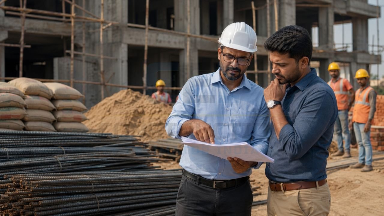 Construction estimator reviewing project plans with a homeowner at an active residential construction site