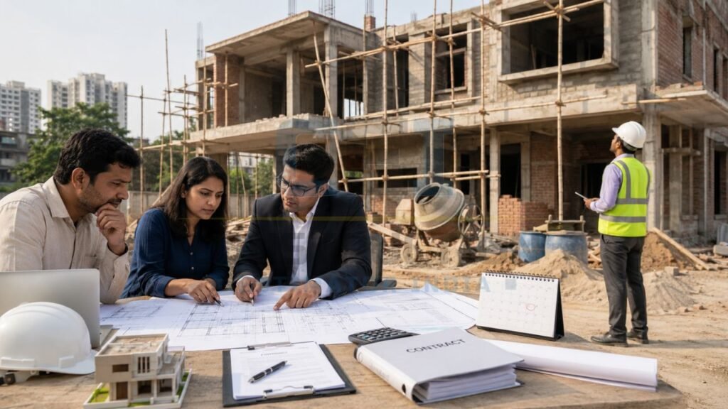 Homeowners reviewing house construction plans with a contractor at an active residential construction site