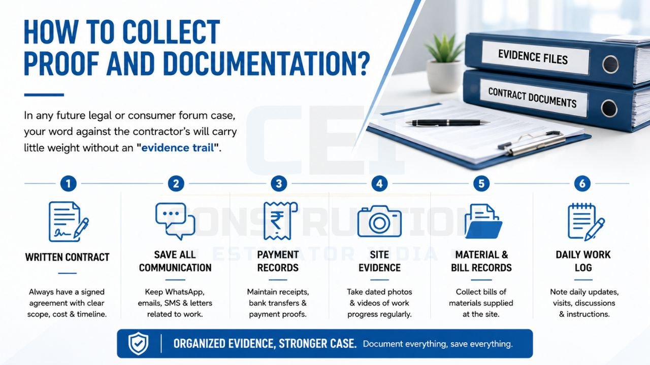 How to collect proof and documentation for construction disputes including contracts, payment records, site photos, and work logs