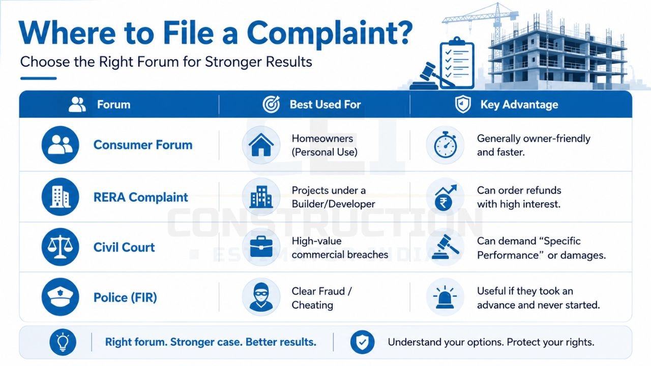 Where to file a construction complaint in India including Consumer Forum, RERA, Civil Court, and Police (FIR)