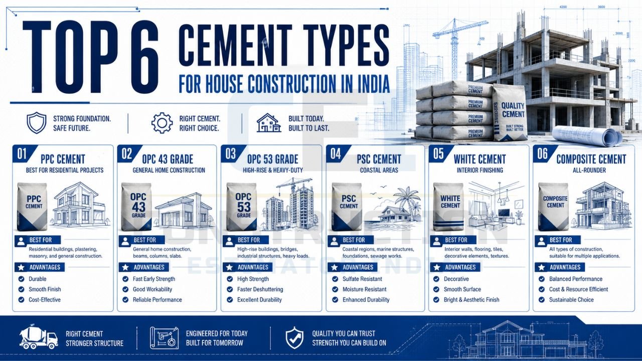 Infographic presenting the top six cement types used for house construction in India including PPC, OPC 43 Grade, OPC 53 Grade, PSC, White Cement, and Composite Cement.