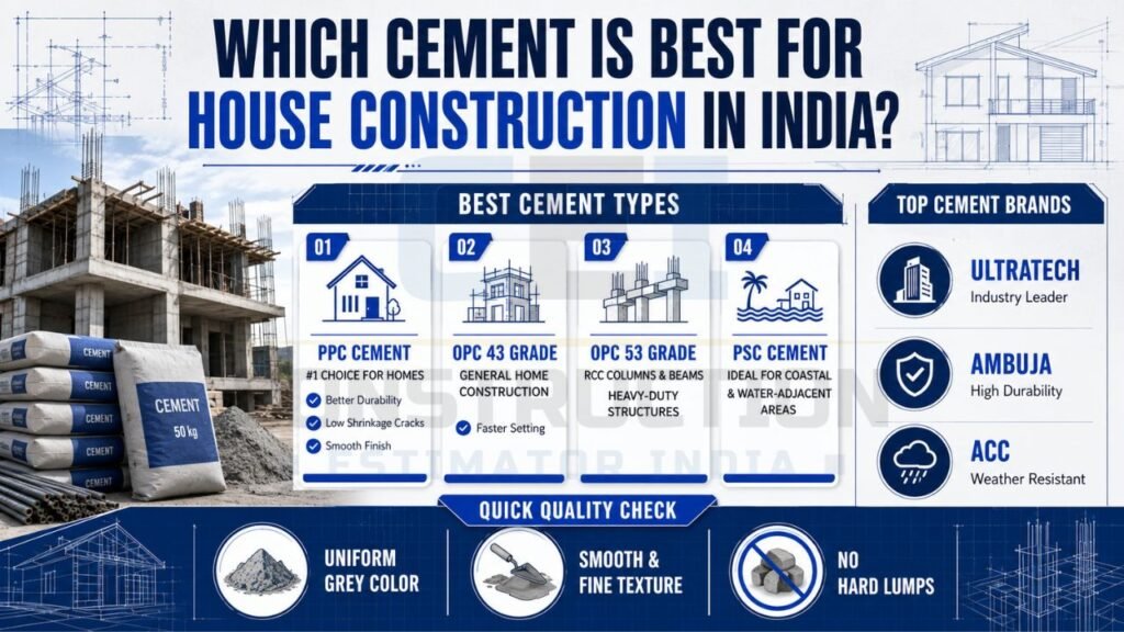 Guide comparing the best cement types for house construction in India, including PPC, OPC 43 Grade, OPC 53 Grade, and PSC cement.