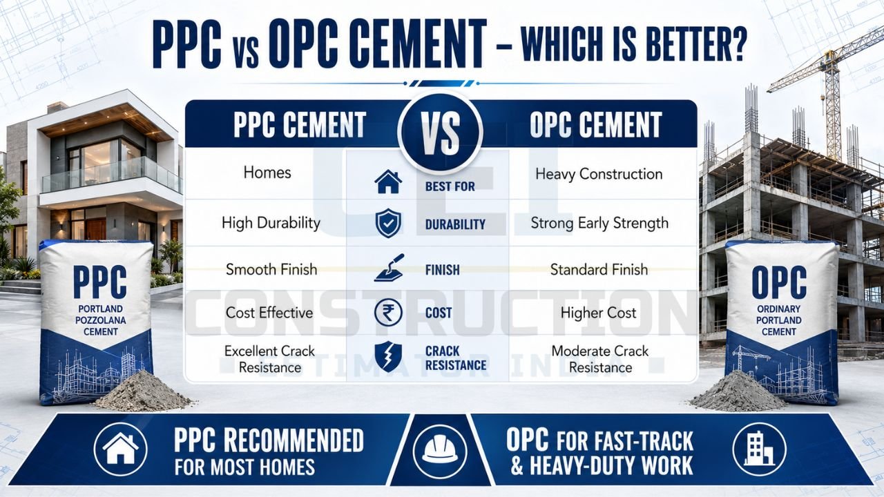 Comparison chart between PPC cement and OPC cement showing differences in durability, finish, cost, strength, and applications.