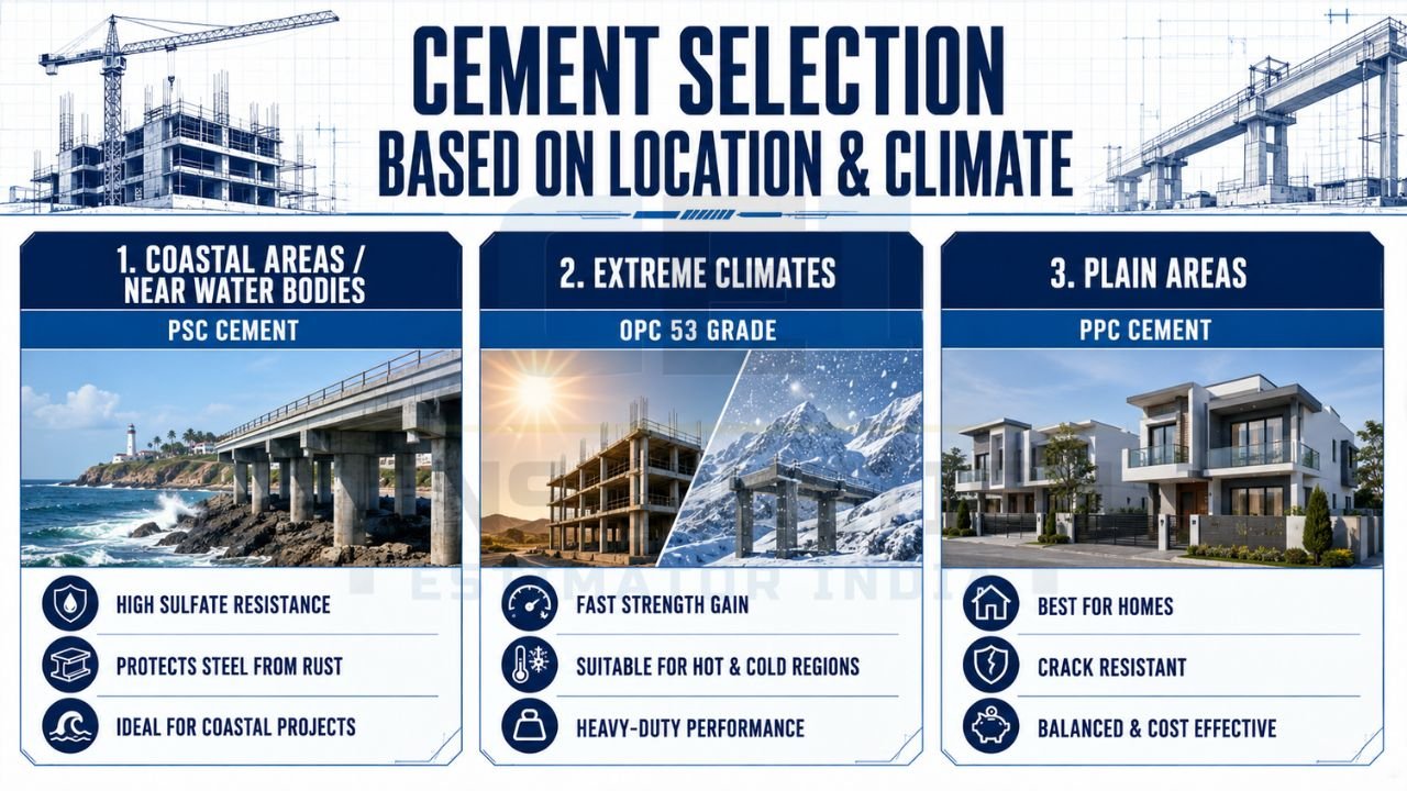 Construction infographic explaining how to choose cement based on coastal areas, extreme climates, and plain regions.