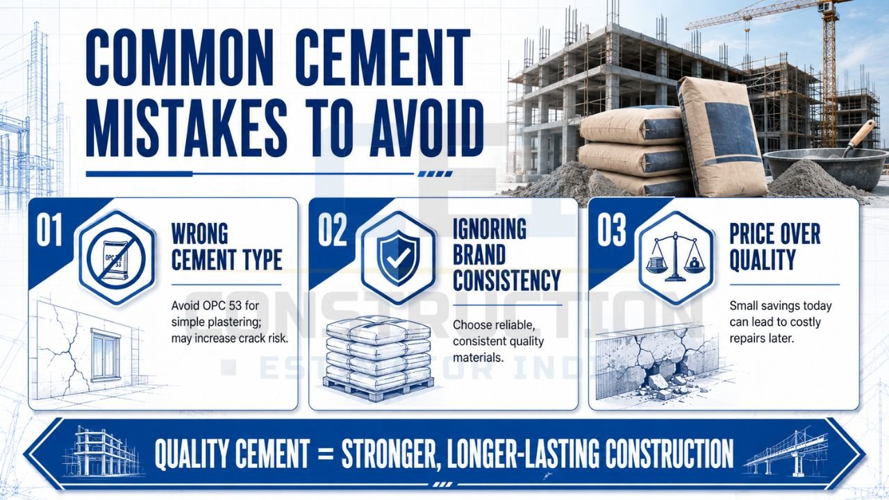 Infographic showing common cement selection mistakes including choosing the wrong cement type, ignoring brand consistency, and prioritizing price over quality.