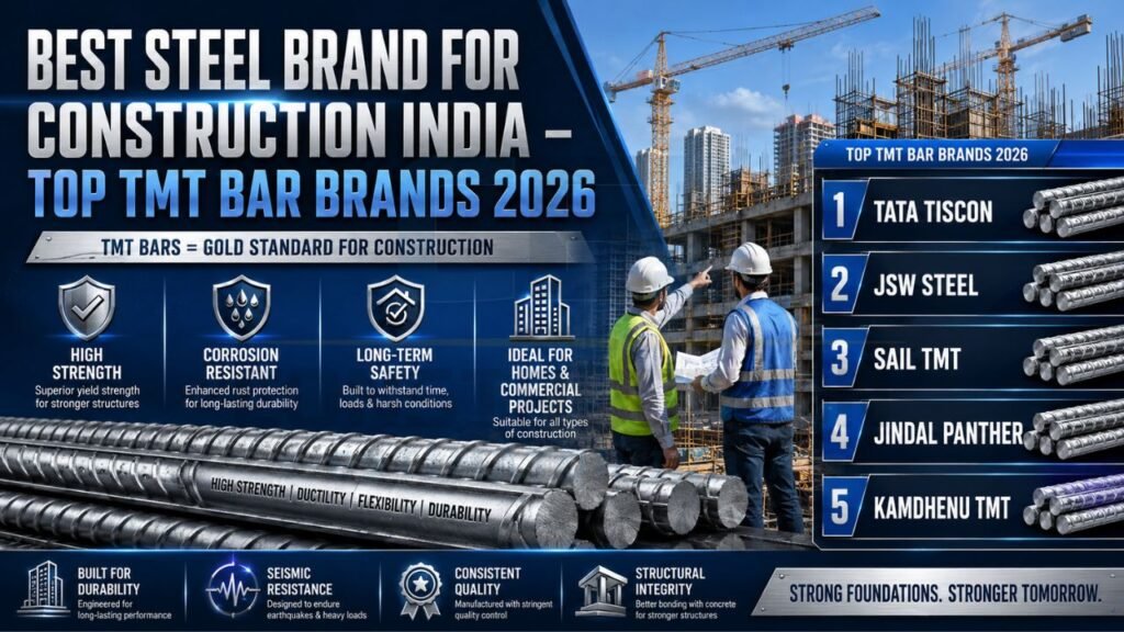 Infographic showcasing the best TMT bar brands in India for 2026, including Tata Tiscon, JSW Steel, SAIL TMT, Jindal Panther, and Kamdhenu TMT.