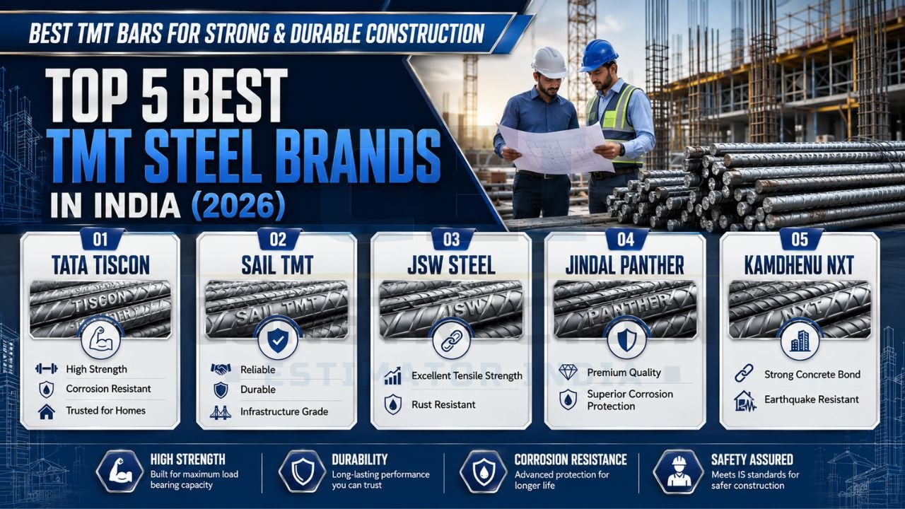 Infographic listing the top five TMT steel brands in India for 2026, including Tata Tiscon, SAIL TMT, JSW Steel, Jindal Panther, and Kamdhenu NXT.