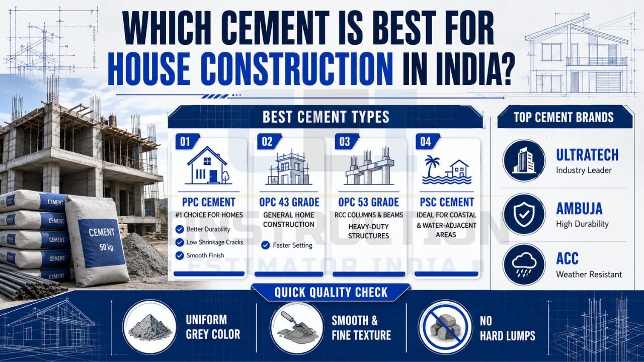 Guide comparing the best cement types for house construction in India, including PPC, OPC 43 Grade, OPC 53 Grade, and PSC cement.