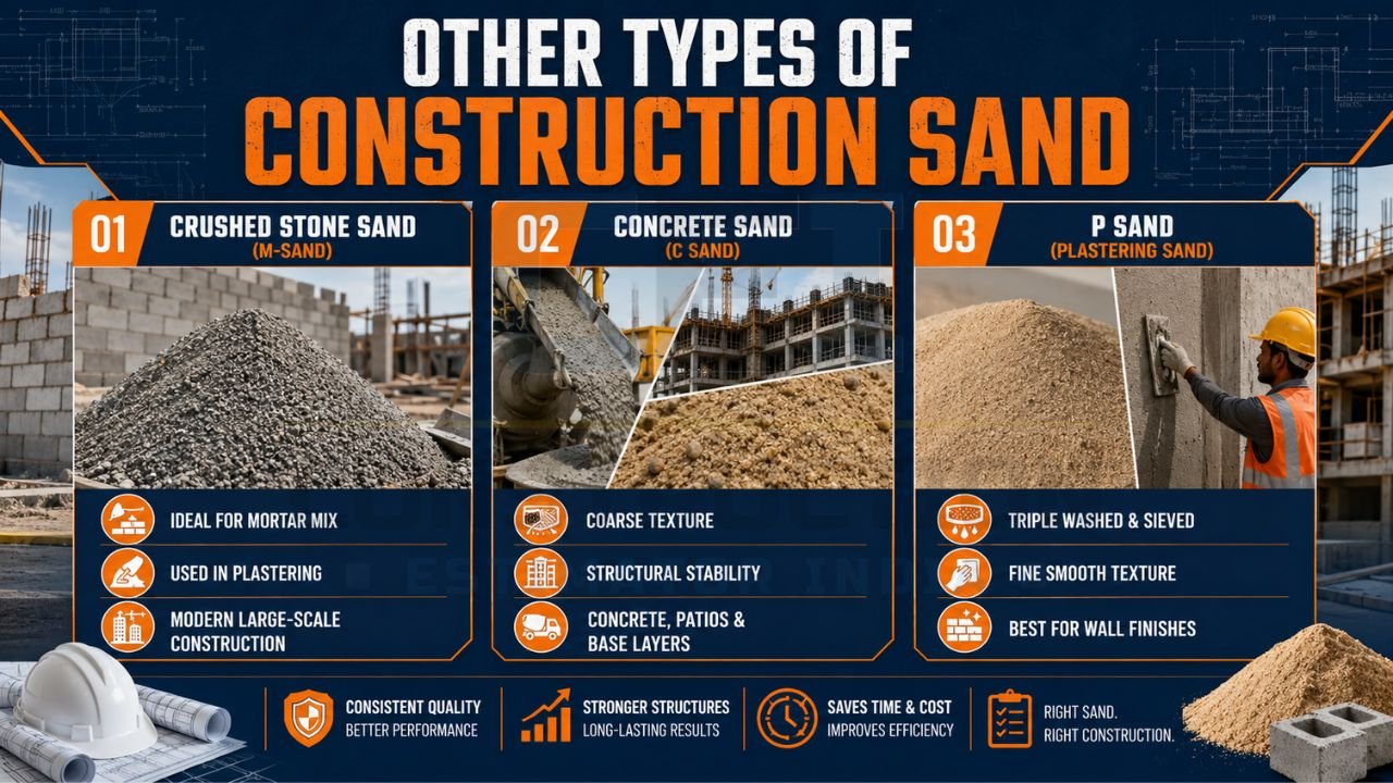 Infographic showing different types of construction sand including M-Sand, Concrete Sand, and Plastering Sand with their applications and benefits.