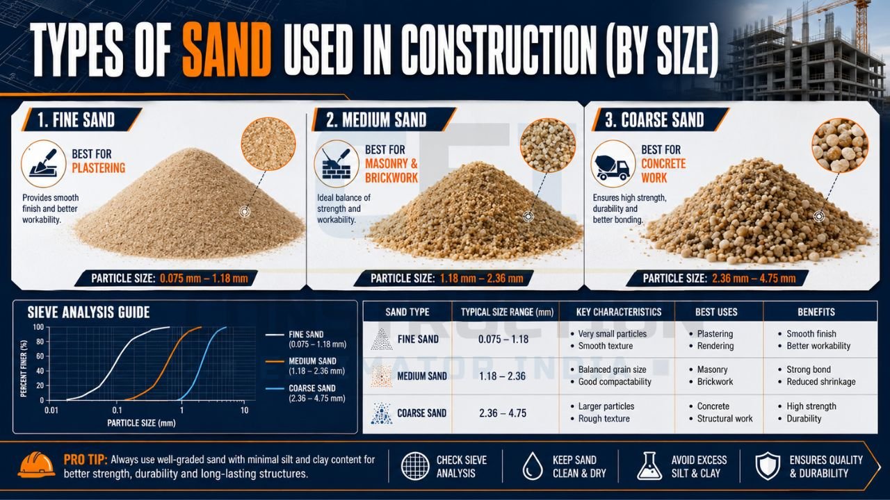 Construction infographic comparing fine sand, medium sand, and coarse sand based on particle size, characteristics, and applications.