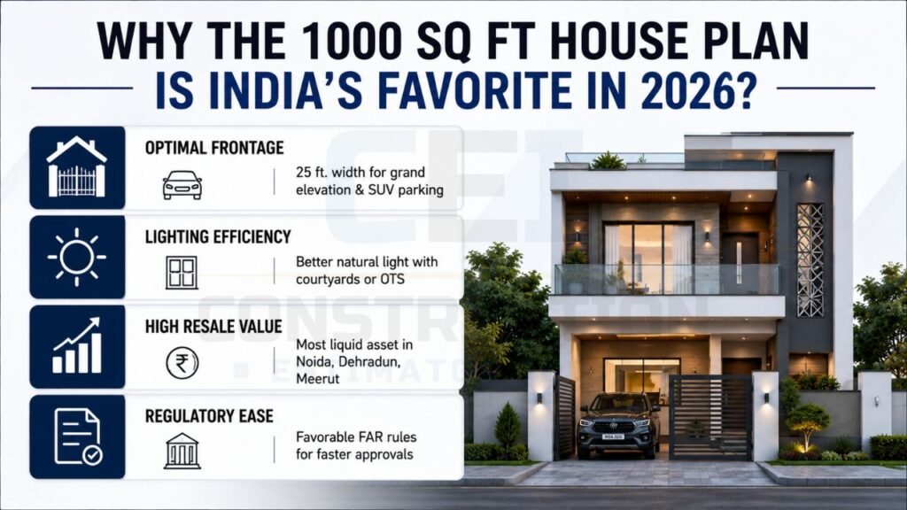 Infographic explaining why 1000 sq ft house plans are popular in India, highlighting optimal frontage, natural lighting, resale value, and easy regulatory approvals.