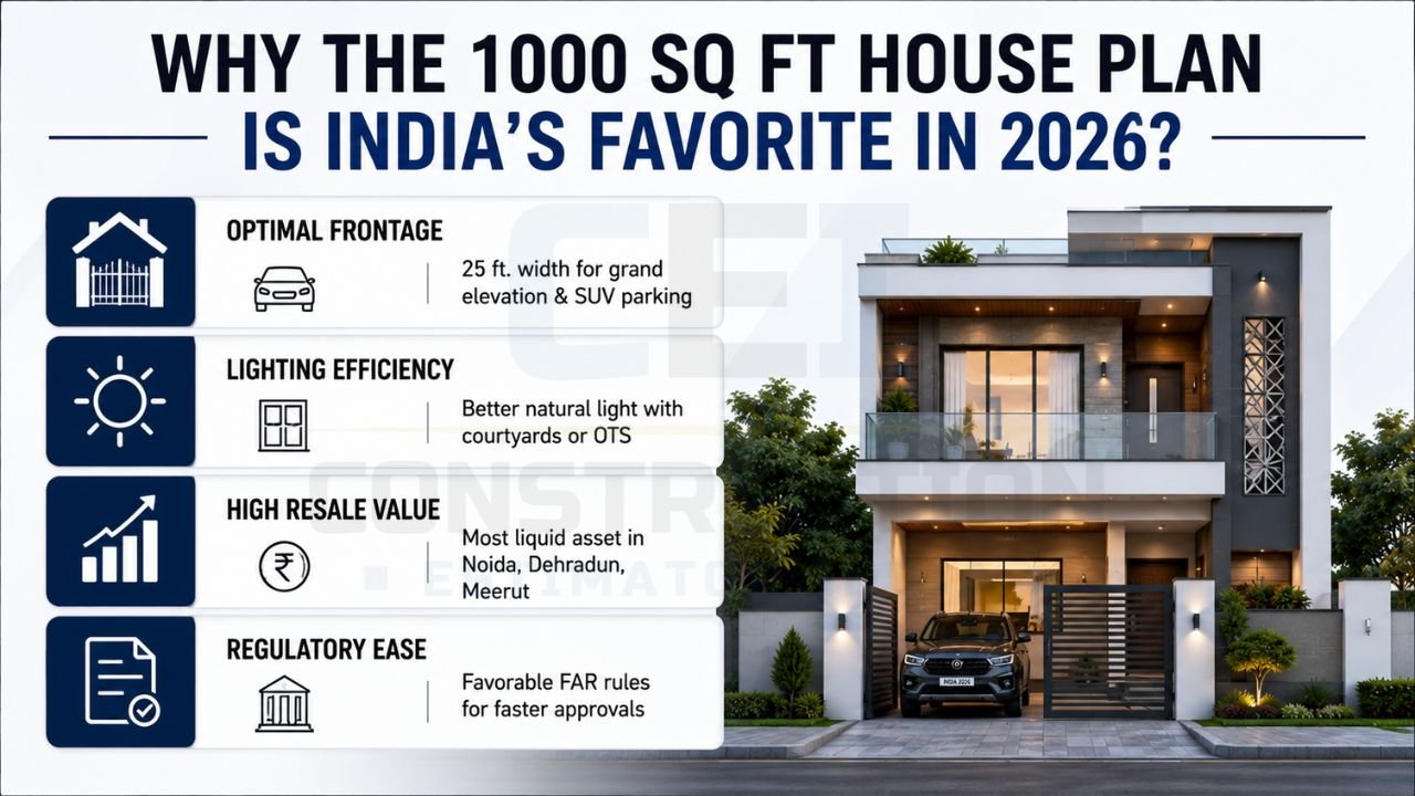 Infographic explaining why 1000 sq ft house plans are popular in India, highlighting optimal frontage, natural lighting, resale value, and easy regulatory approvals.