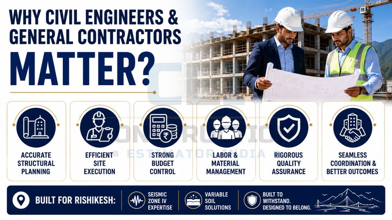 Civil engineers and general contractors infographic highlighting structural planning, site execution, budget management, quality assurance, and project coordination.