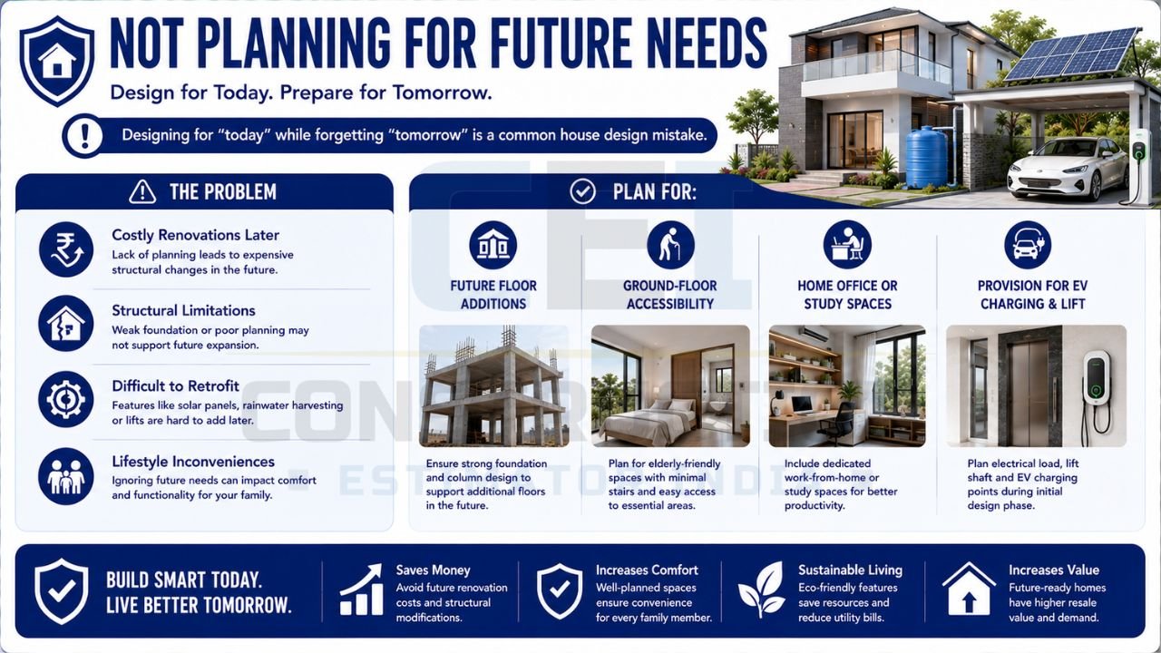 Infographic showing the importance of future-proof home planning, including floor additions, accessibility features, home offices, EV charging, and sustainable living solutions.