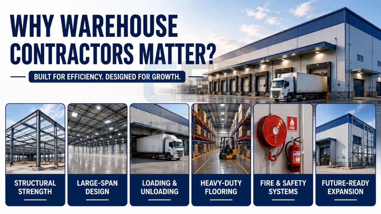 Professional warehouse contractor infographic featuring structural strength, large-span design, loading docks, heavy-duty flooring, fire safety systems, and future-ready expansion capabilities.