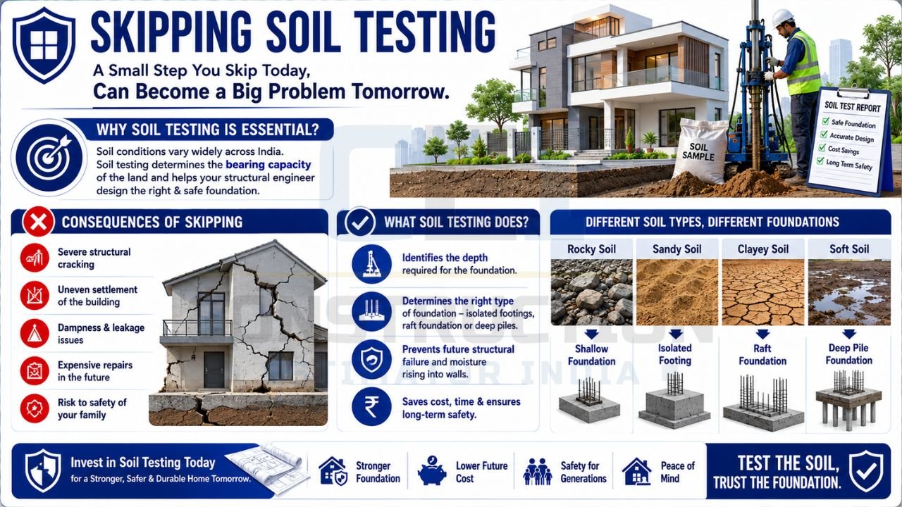 Infographic explaining why soil testing is essential before construction and showing the consequences of foundation failure caused by unsuitable soil conditions.