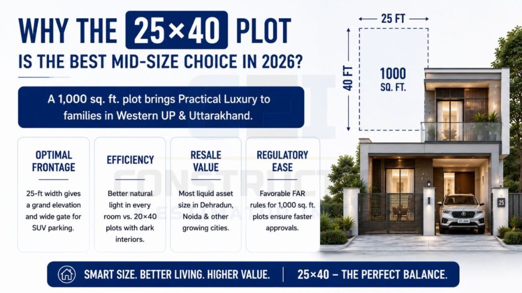 Benefits of a 25×40 residential plot including efficient layout, better resale value, wider frontage, and faster approvals.