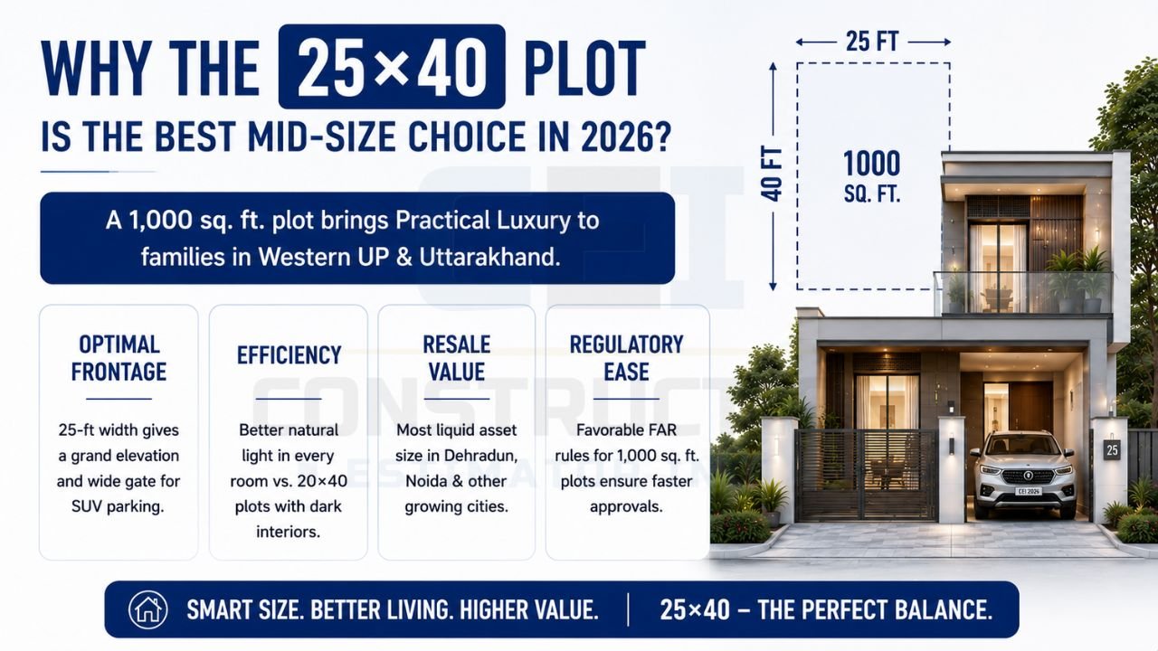 Benefits of a 25×40 residential plot including efficient layout, better resale value, wider frontage, and faster approvals.
