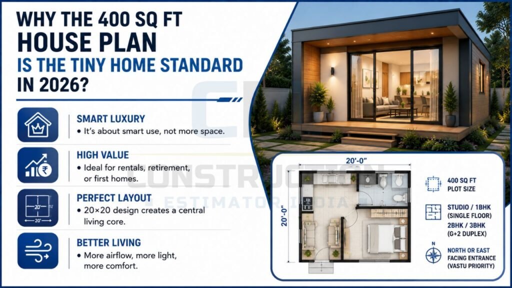 400 sq ft house plan infographic highlighting smart luxury, investment value, efficient 20×20 layout, natural ventilation, and compact modern home design.