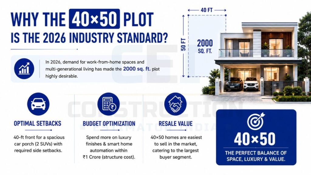 Benefits of a 40×50 plot including better setbacks, optimized construction budget, higher resale value, and modern family living.