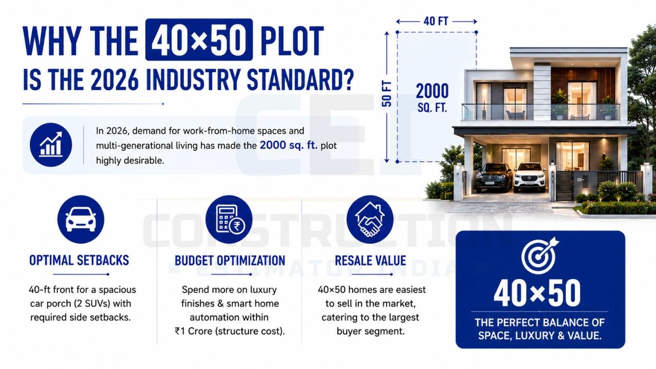 Benefits of a 40×50 plot including better setbacks, optimized construction budget, higher resale value, and modern family living.