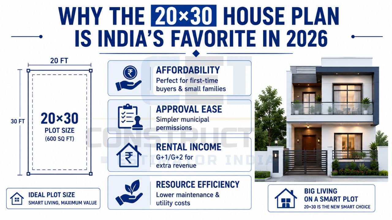 Benefits of a 20×30 house plan including affordability, easy approvals, rental income potential, and efficient land utilization.