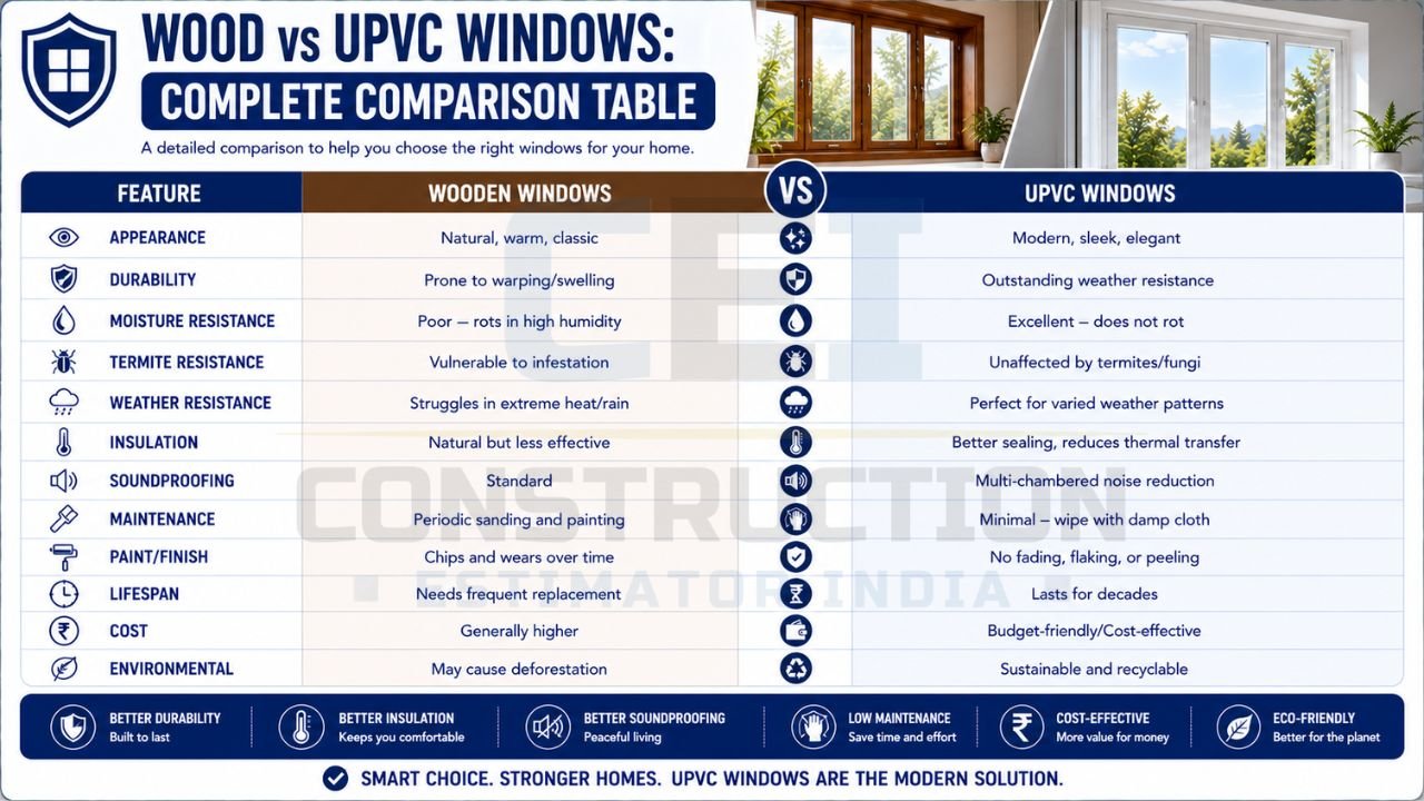 Detailed comparison table evaluating wooden and UPVC windows across durability, moisture resistance, soundproofing, maintenance, lifespan, cost, and environmental impact.