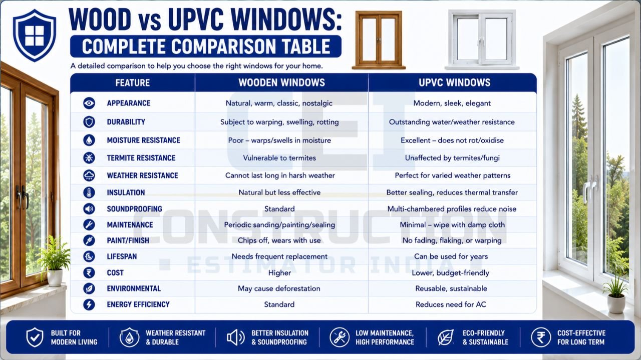 Detailed comparison table showing differences between wooden windows and UPVC windows in durability, maintenance, insulation, weather resistance, lifespan, and cost.
