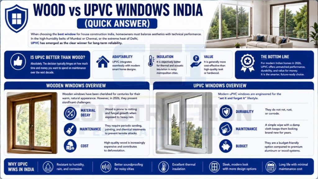 Quick comparison infographic explaining why UPVC windows are preferred over wooden windows in India for durability, insulation, maintenance, and value.