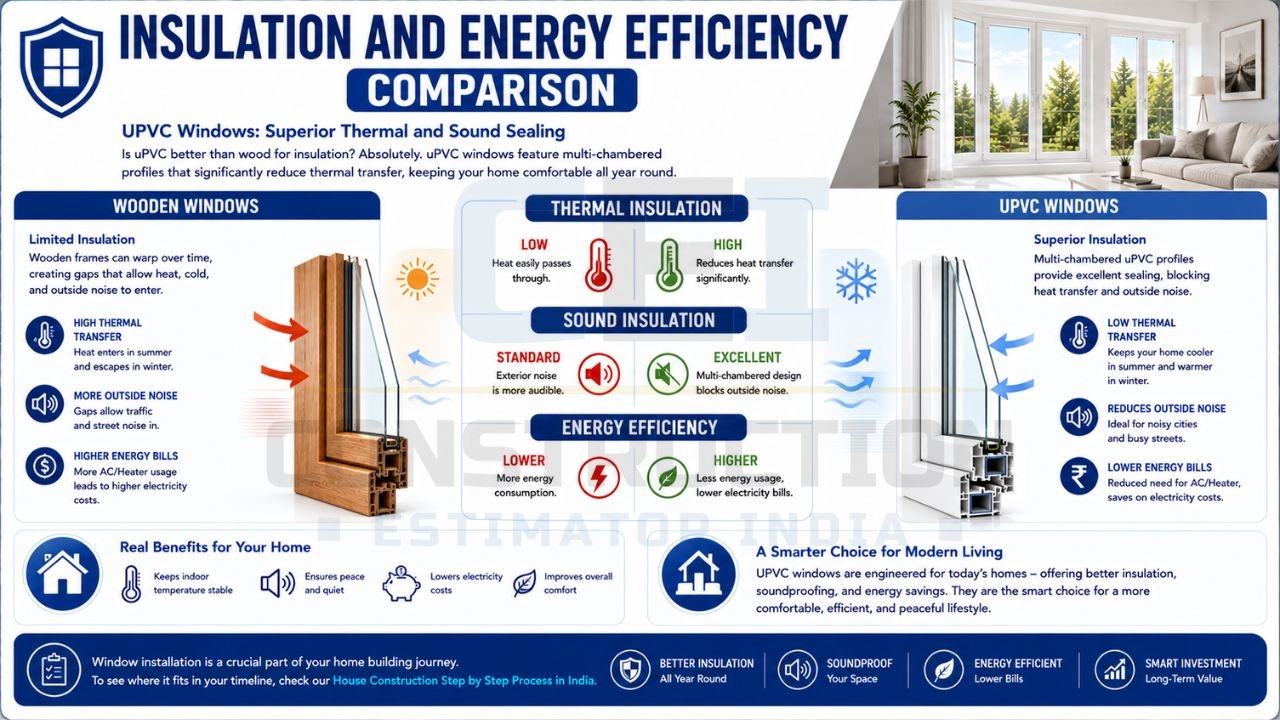 Infographic comparing thermal insulation, soundproofing, and energy efficiency performance between wooden and UPVC windows.