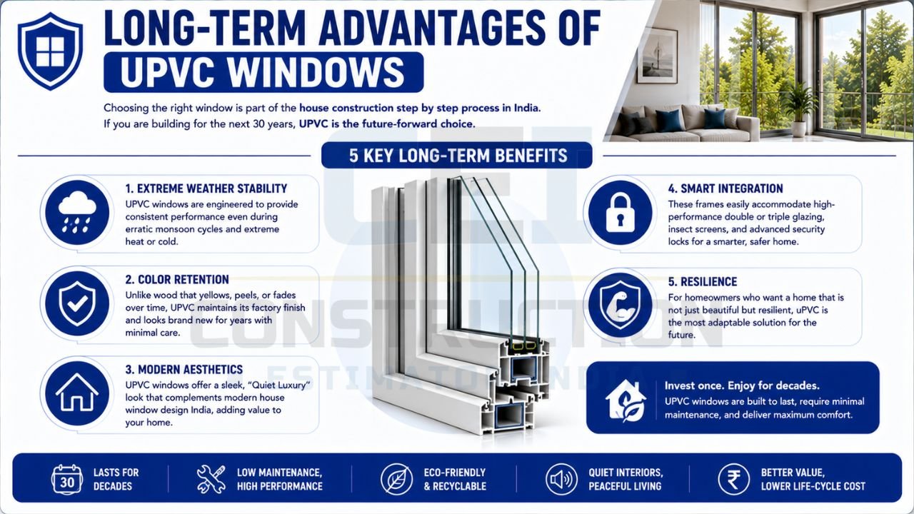 Infographic explaining the long-term benefits of UPVC windows, including durability, weather resistance, color retention, security, and low maintenance.