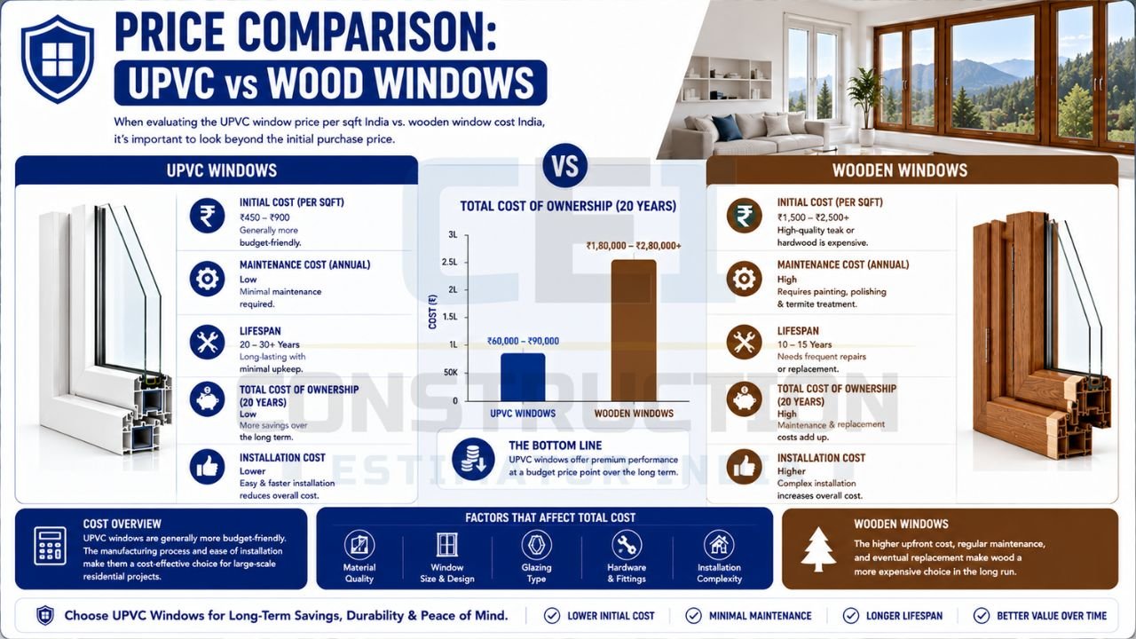 Comparison chart showing the cost, maintenance expenses, lifespan, installation costs, and total ownership costs of UPVC and wooden windows over 20 years.