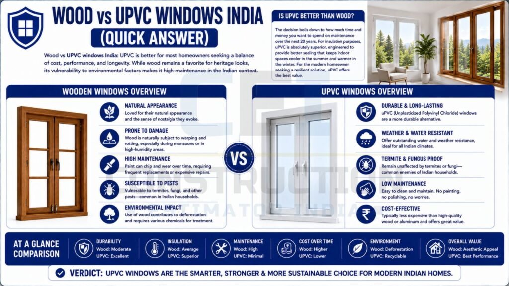 Quick comparison infographic summarizing the advantages and disadvantages of wooden and UPVC windows for Indian homes.
