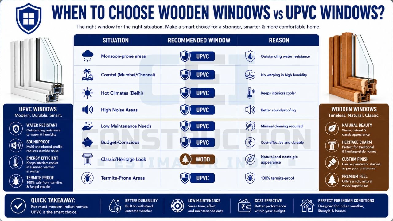 Infographic explaining when to choose UPVC or wooden windows based on climate, maintenance requirements, budget, soundproofing needs, and architectural style.