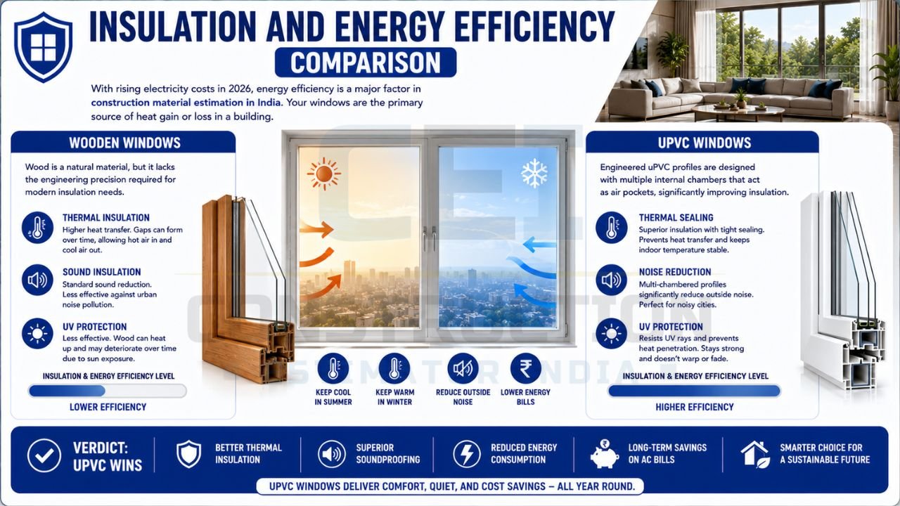 Infographic comparing the insulation, soundproofing, UV protection, and energy efficiency performance of UPVC windows and wooden windows for residential buildings.