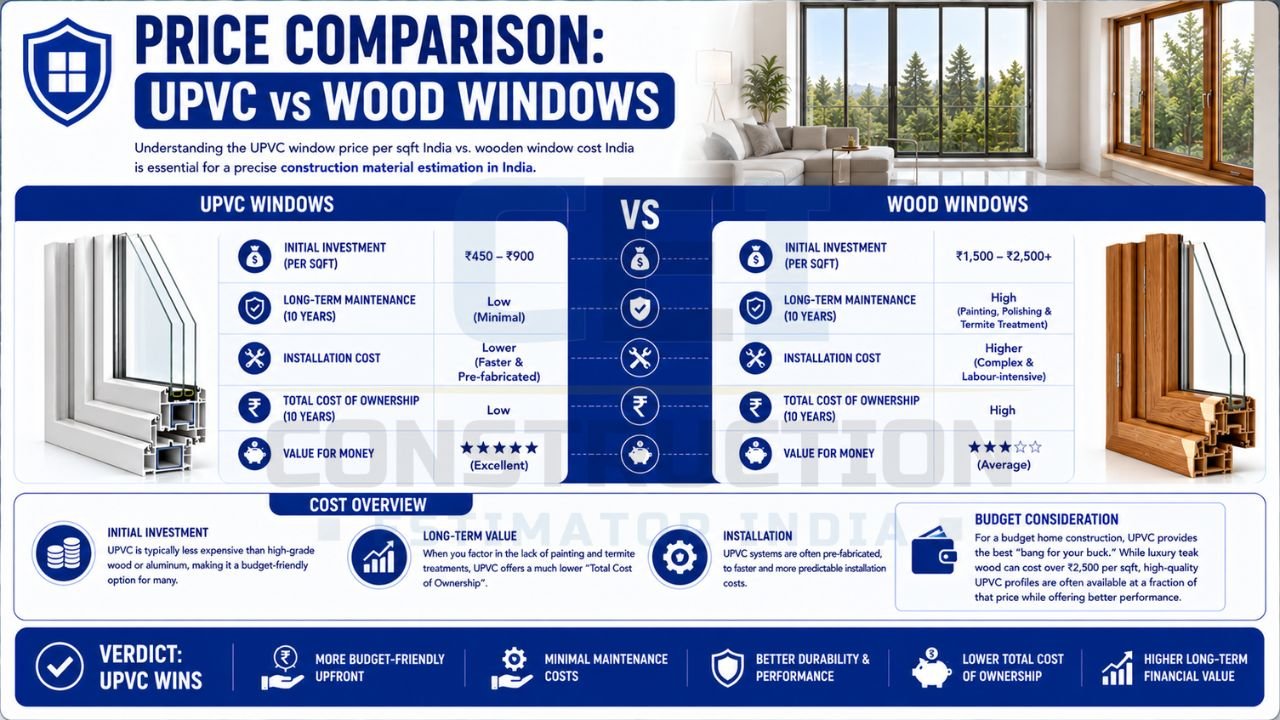 Infographic comparing UPVC and wooden windows based on price, maintenance costs, installation expenses, total ownership cost, and long-term value for homeowners.