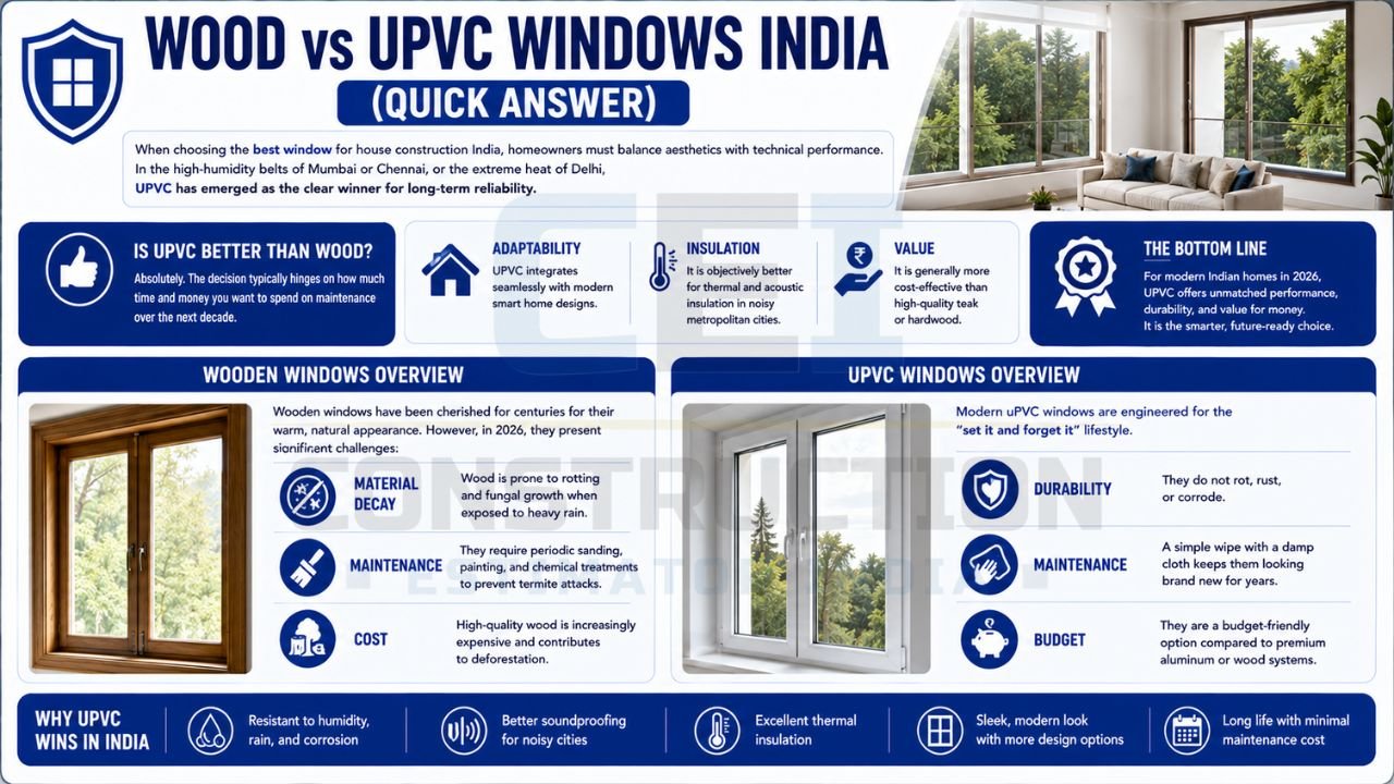 Quick comparison infographic explaining why UPVC windows are preferred over wooden windows in India for durability, insulation, maintenance, and value.