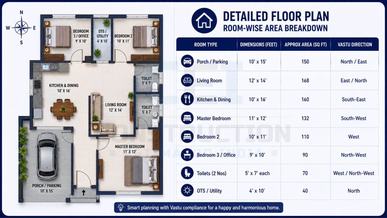 Detailed 1000 sq ft 3BHK floor plan showing room dimensions, parking, kitchen, bedrooms, utility area, bathrooms, living room, and Vastu directions.