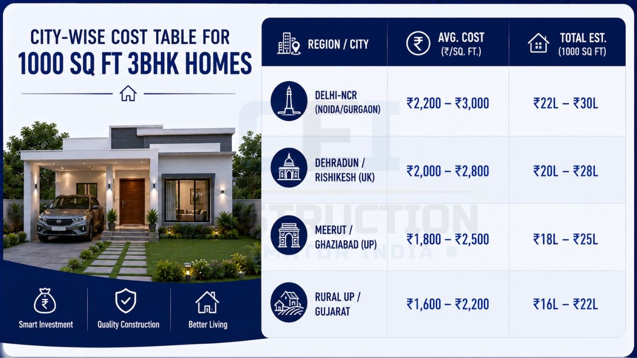 Infographic showing city-wise construction cost comparison for 1000 sq ft 3BHK homes across Delhi-NCR, Dehradun, Meerut, Ghaziabad, and Rural UP in 2026.