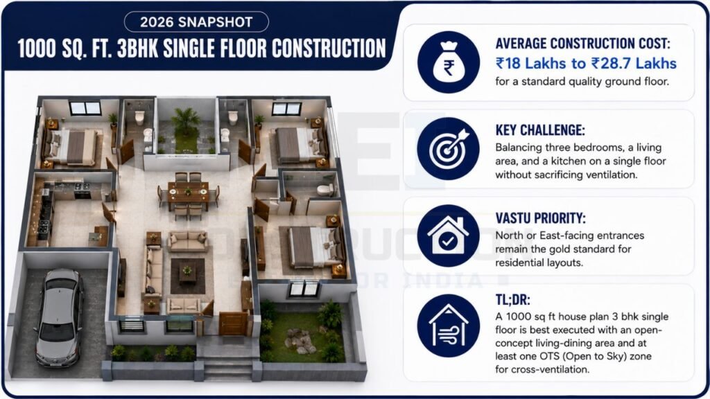Infographic showing a 1000 sq ft 3BHK single-floor home layout with construction cost, Vastu tips, design priorities, and planning recommendations.