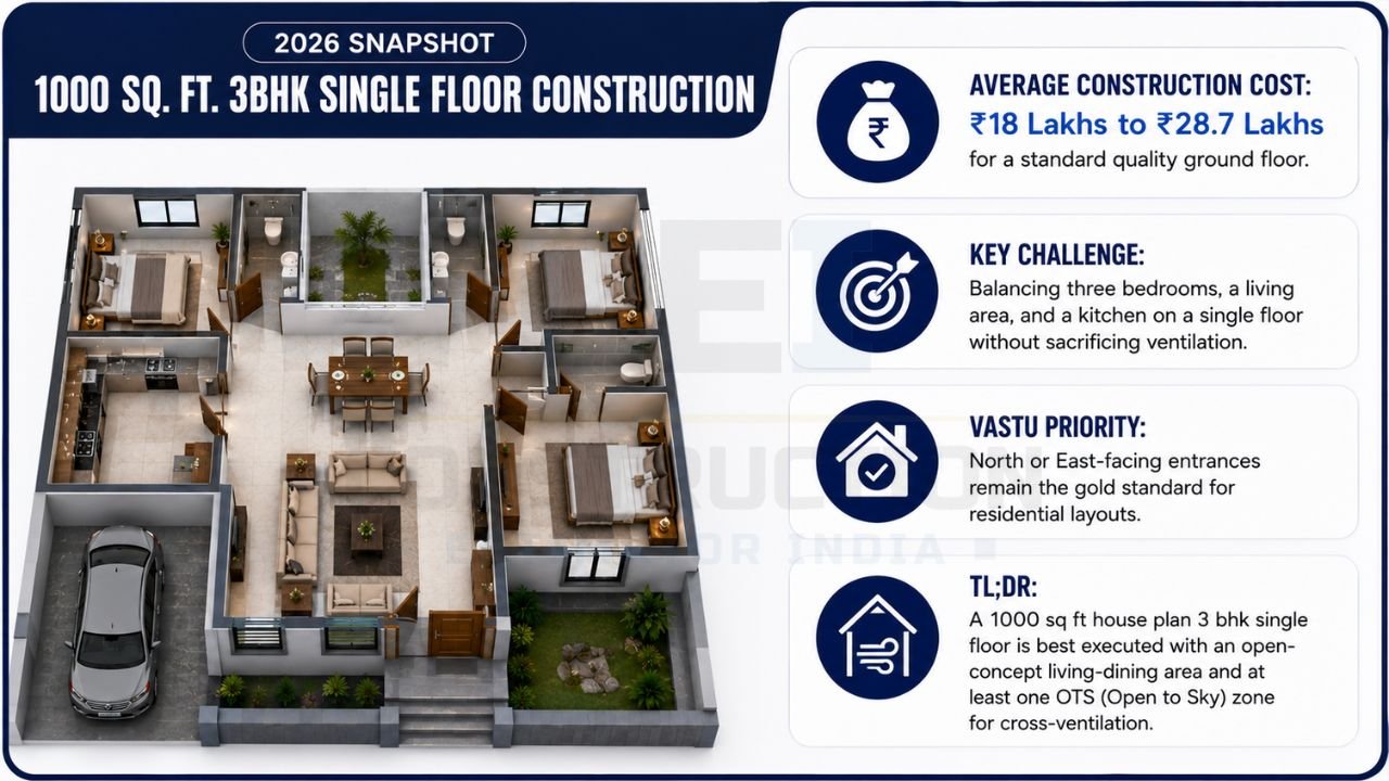 Infographic showing a 1000 sq ft 3BHK single-floor home layout with construction cost, Vastu tips, design priorities, and planning recommendations.