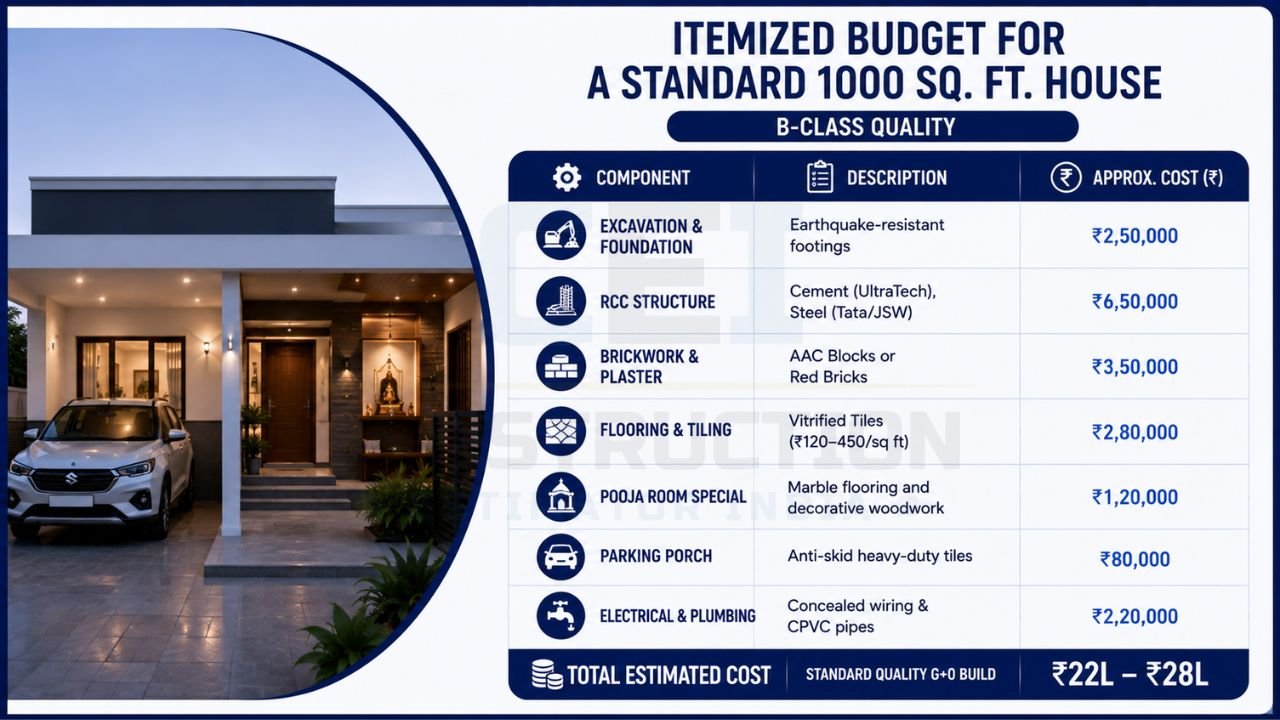 Detailed infographic showing the itemized budget for a 1000 sq ft house including excavation, RCC, brickwork, flooring, plumbing, parking, and total estimated cost.